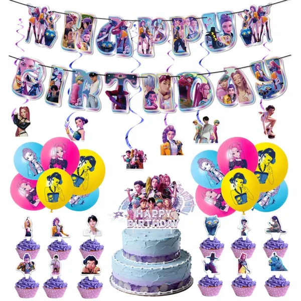 Scene with balloons, banners, and cake toppers from the kit