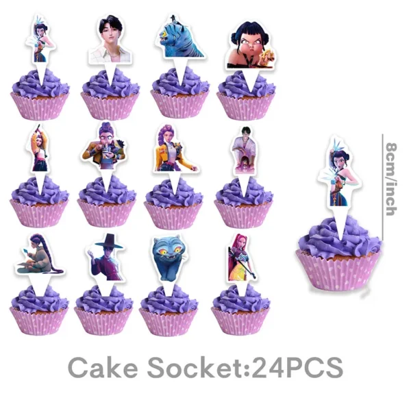 Birthday cake beautifully decorated with Demon Hunters themed toppers