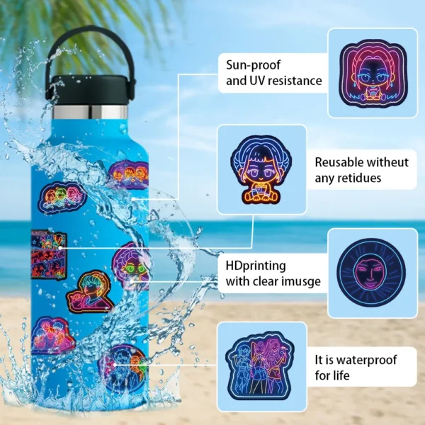 Comparison showing the glow effect of stickers in a dark versus lit environment